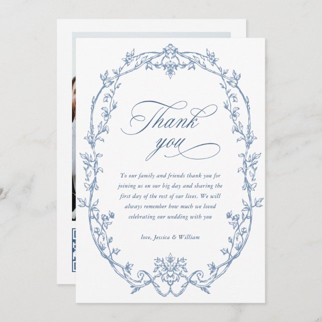 Victorian Ornate Floral Dusty Blue Wedding QR cod Thank You Card (Front/Back)