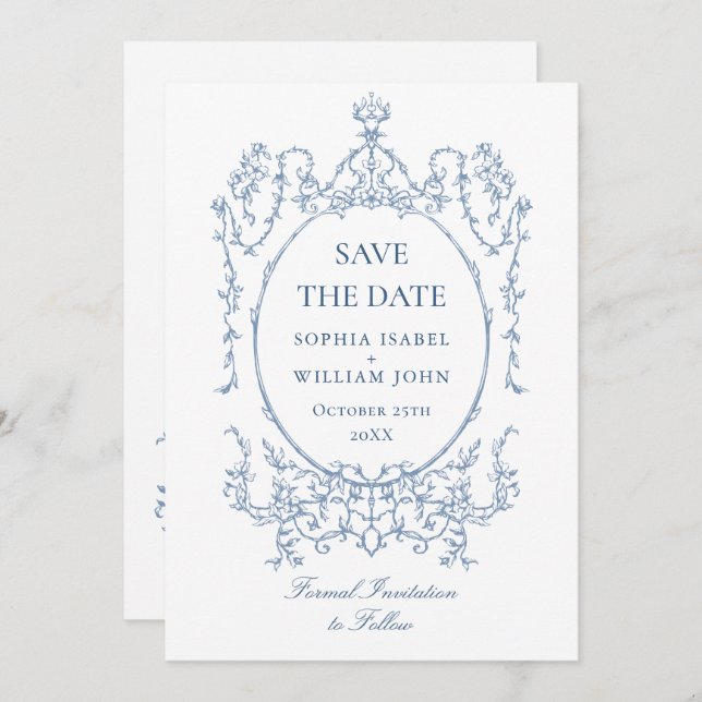 Victorian Ornate Floral Dusty Blue Wedding QR code Save The Date (Front/Back)
