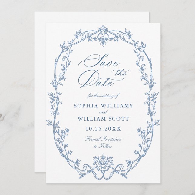 Victorian Ornate Floral Dusty Blue Wedding QR code Save The Date (Front/Back)