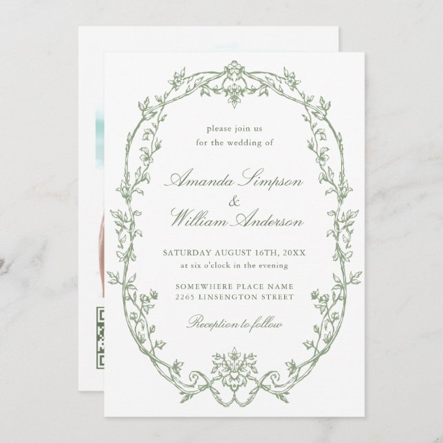 Victorian Ornate Floral Sage Green QR code Wedding Invitation (Front/Back)
