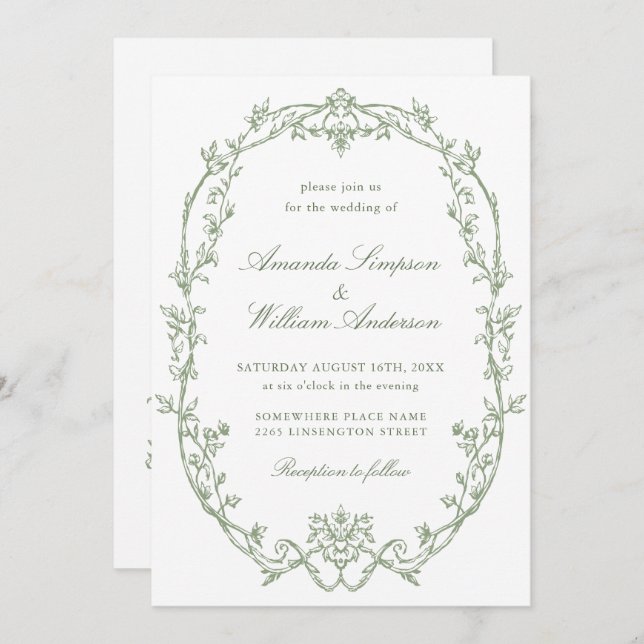 Victorian Ornate Floral Sage Green QR code Wedding Invitation (Front/Back)