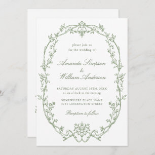 Victorian Ornate Floral Sage Green QR code Wedding Invitation