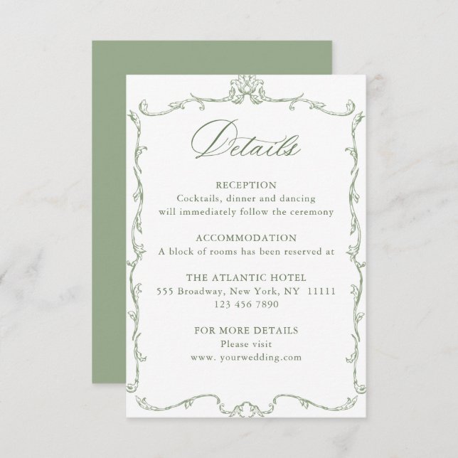 Victorian Ornate Floral Sage Green Wedding Details Enclosure Card (Front/Back)