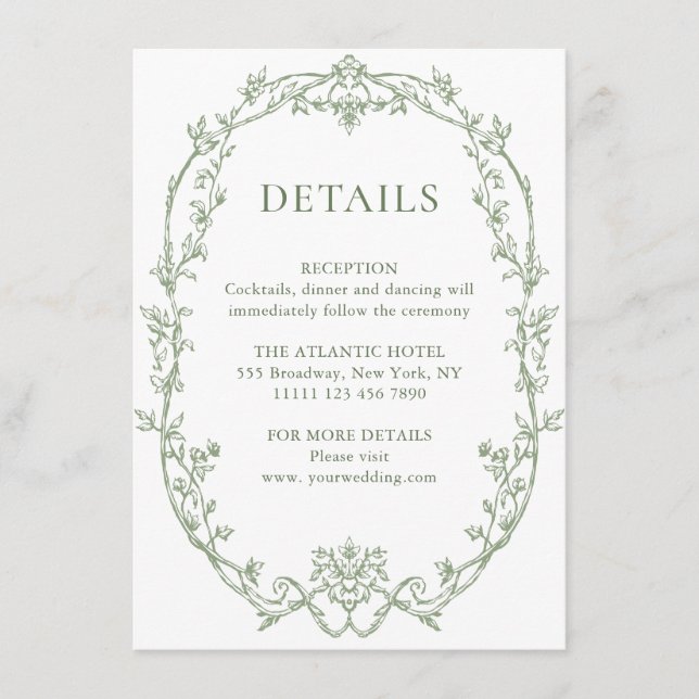 Victorian Ornate Floral Sage Green Wedding Details Enclosure Card (Front)