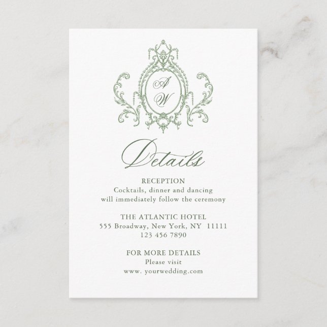 Victorian Ornate Floral Sage Green Wedding Details Enclosure Card (Front)