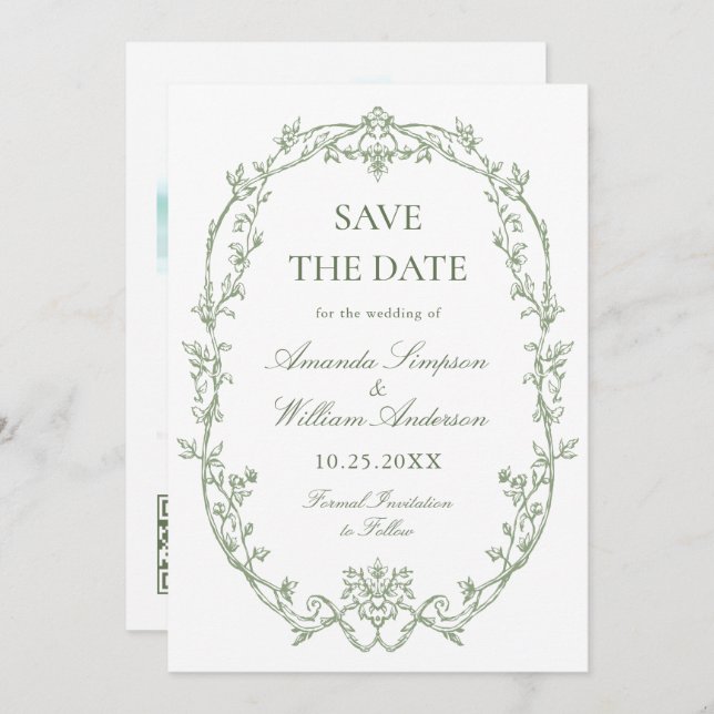 Victorian Ornate Floral Sage Green Wedding Photo Save The Date (Front/Back)