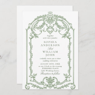 Victorian Ornate Floral Sage Green Wedding QR code Invitation