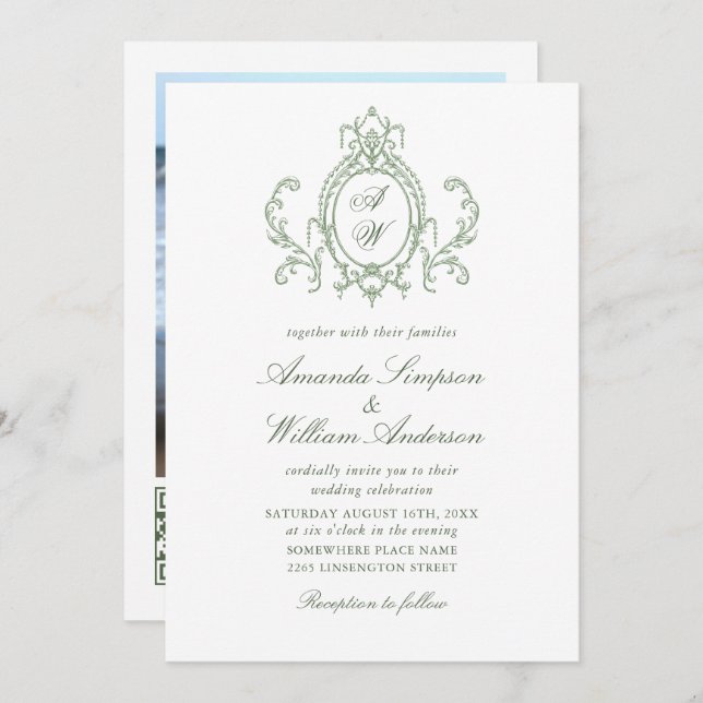 Victorian Ornate Floral Sage Green Wedding QR code Invitation (Front/Back)