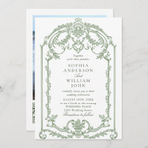 Victorian Ornate Floral Sage Green Wedding QR code Invitation