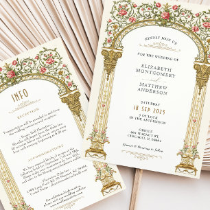 Victorian Ornate Gold Arch & Pink Roses Wedding Invitation