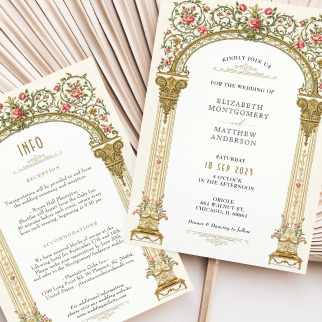 Victorian Ornate Gold Arch & Pink Roses Wedding Invitation (Creator Uploaded)
