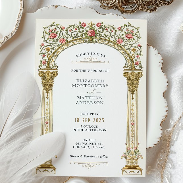 Victorian Ornate Gold Arch & Pink Roses Wedding Invitation (Creator Uploaded)