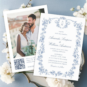 Victorian Ornate Grace Blue Floral Wedding QR code Invitation