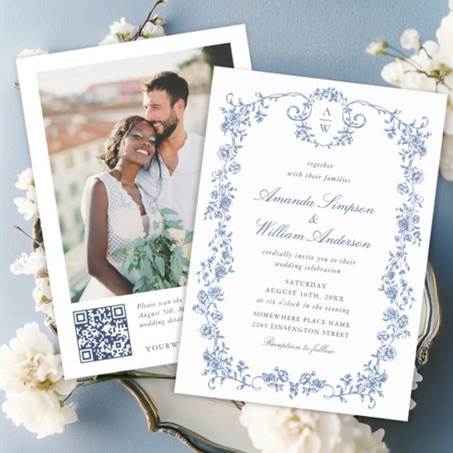 Victorian Ornate Grace Blue Floral Wedding QR code Invitation (Creator Uploaded)