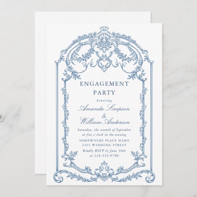 Victorian Ornate Grace Dusty Blue ENGAGEMENT PARTY Invitation (Front/Back)