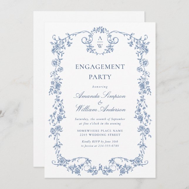 Victorian Ornate Grace Dusty Blue ENGAGEMENT PARTY Invitation (Front/Back)