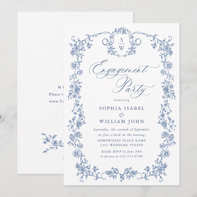 Victorian Ornate Grace Dusty Blue ENGAGEMENT PARTY Invitation (Front/Back)