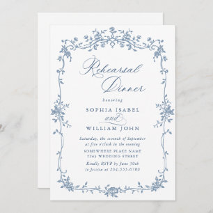 Victorian Ornate Grace Dusty Blue Rehearsal Dinner Invitation