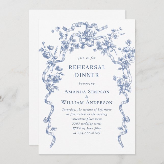 Victorian Ornate Grace Dusty Blue Rehearsal Dinner Invitation (Front/Back)