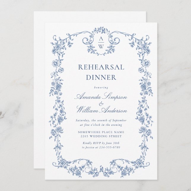 Victorian Ornate Grace Dusty Blue Rehearsal Dinner Invitation (Front/Back)