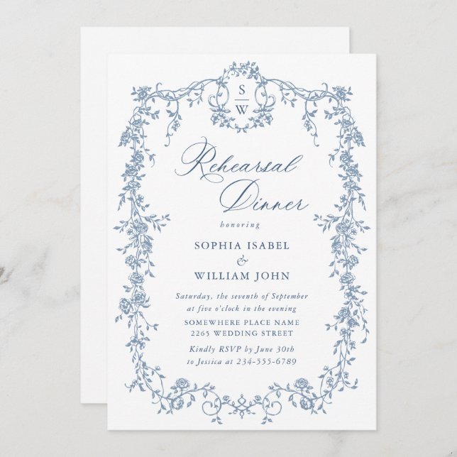Victorian Ornate Grace Dusty Blue Rehearsal Dinner Invitation (Front/Back)