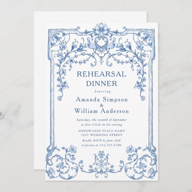 Victorian Ornate Grace Dusty Blue Rehearsal Dinner Invitation (Front/Back)