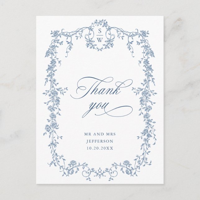 Victorian Ornate Grace Dusty Blue Thank You Postcard (Front)