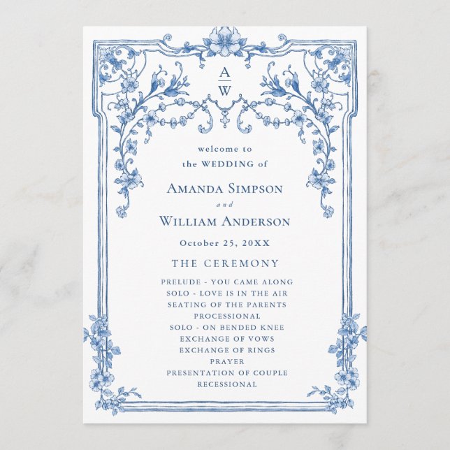 Victorian Ornate Grace Dusty Blue Wedding Ceremony Program (Front)