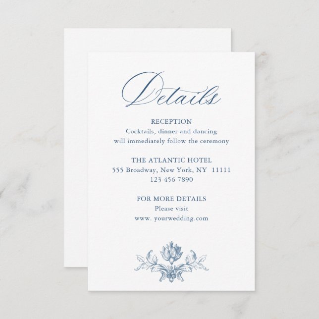 Victorian Ornate Grace Floral Blue Wedding Details Enclosure Card (Front/Back)