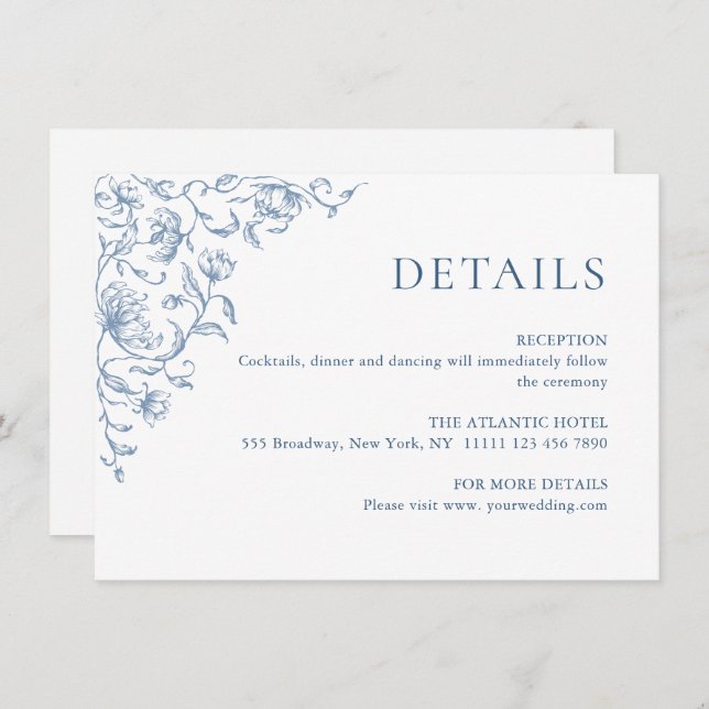 Victorian Ornate Grace Floral Blue Wedding Details Enclosure Card (Front/Back)
