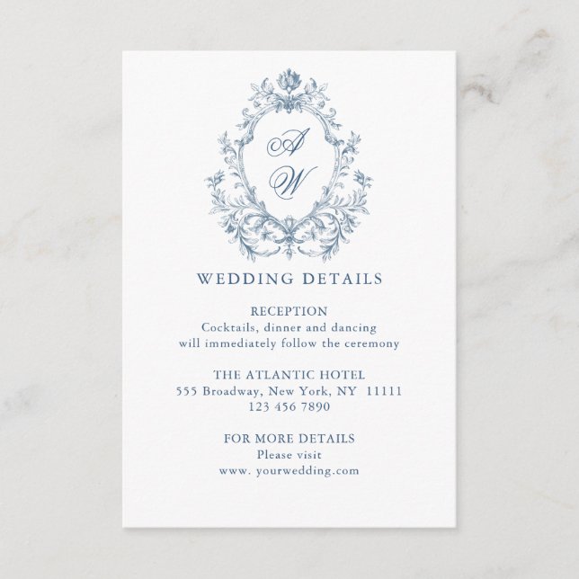 Victorian Ornate Grace Floral Blue Wedding Details Enclosure Card (Front)