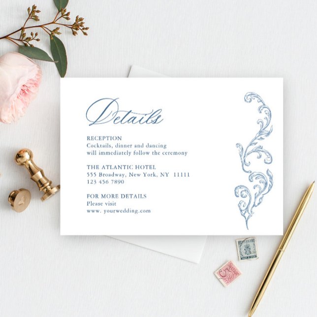 Victorian Ornate Grace Floral Blue Wedding Details Enclosure Card (Creator Uploaded)