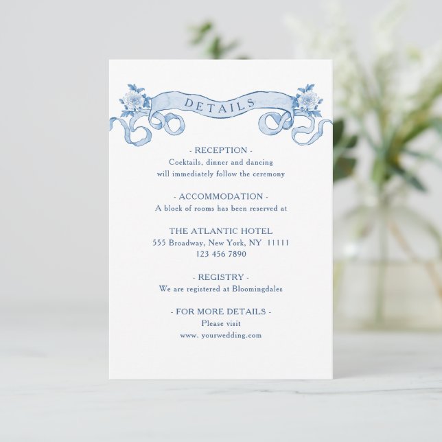 Victorian Ornate Grace Floral Blue Wedding Details Enclosure Card (Standing Front)
