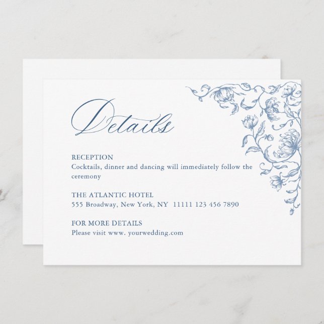 Victorian Ornate Grace Floral Blue Wedding Details Enclosure Card (Front/Back)