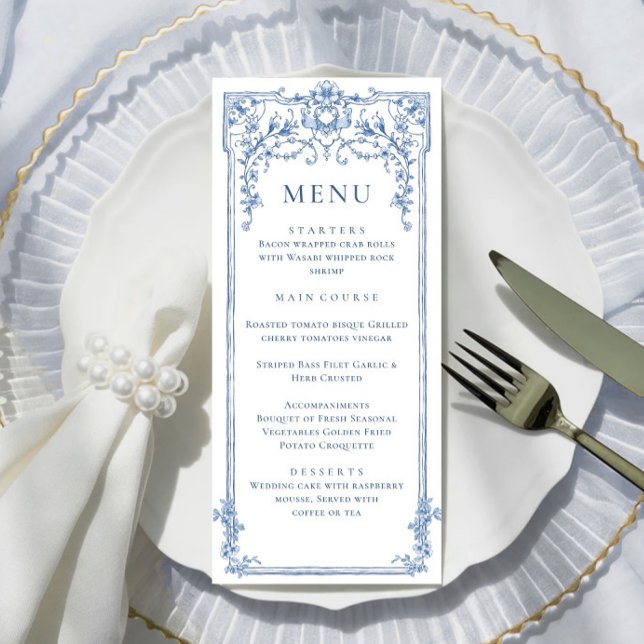 Victorian Ornate Grace Floral Blue Wedding Dinner Menu (Creator Uploaded)
