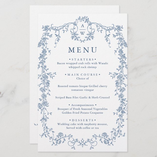 Victorian Ornate Grace Floral Blue Wedding Menu (Front/Back)