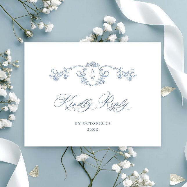 Victorian Ornate Grace Floral Blue Wedding RSVP Postcard (Creator Uploaded)