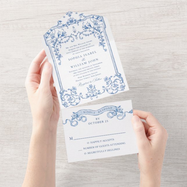 Victorian Ornate Grace Floral Dusty Blue Wedding All In One Invitation (Tearaway)