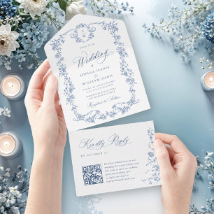 Victorian Ornate Grace Floral Dusty Blue Wedding All In One Invitation