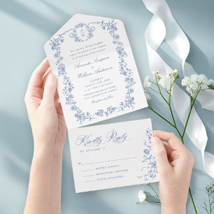 Victorian Ornate Grace Floral Dusty Blue Wedding All In One Invitation