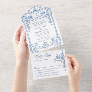 Victorian Ornate Grace Floral Dusty Blue Wedding All In One Invitation