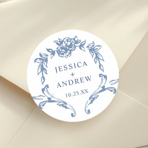 Victorian Ornate Grace Floral Dusty Blue Wedding Classic Round Sticker