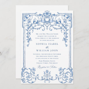 Victorian Ornate Grace Floral Dusty Blue Wedding Invitation