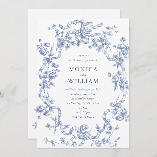 Victorian Ornate Grace Floral Dusty Blue Wedding Invitation (Front/Back)