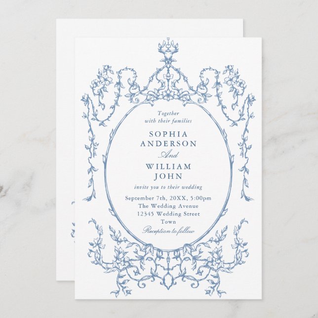 Victorian Ornate Grace Floral Dusty Blue Wedding Invitation (Front/Back)