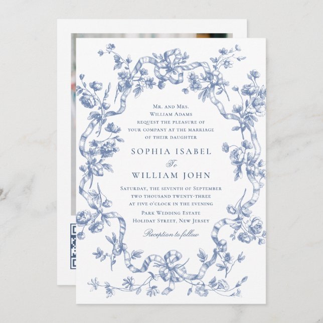 Victorian Ornate Grace Floral Dusty Blue Wedding Invitation (Front/Back)