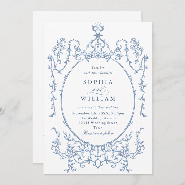 Victorian Ornate Grace Floral Dusty Blue Wedding Invitation (Front/Back)