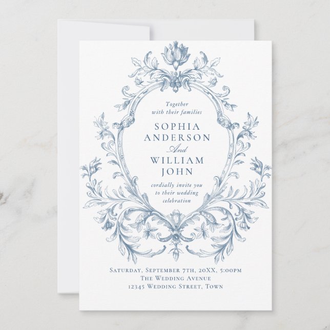 Victorian Ornate Grace Floral Dusty Blue Wedding Invitation (Front)