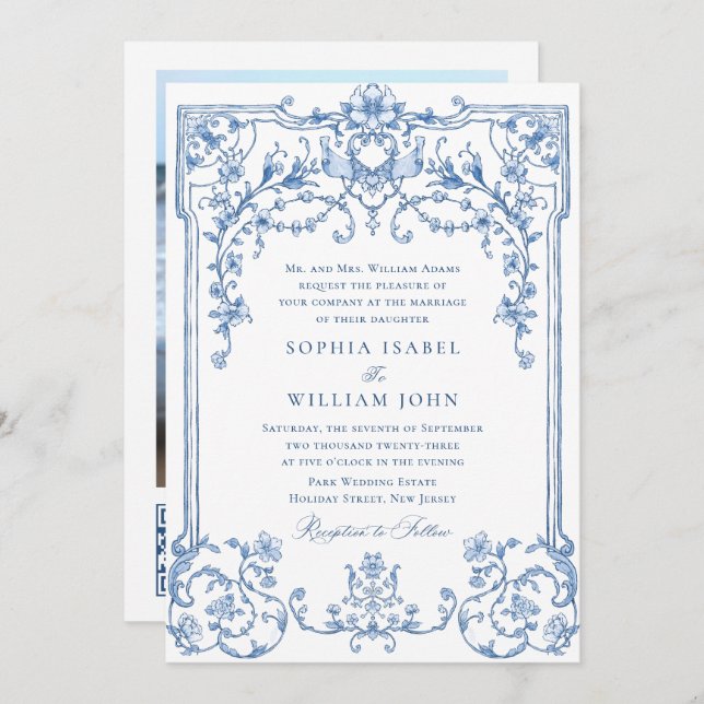 Victorian Ornate Grace Floral Dusty Blue Wedding Invitation (Front/Back)