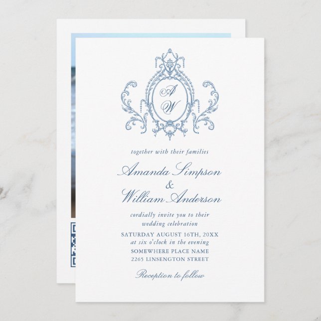 Victorian Ornate Grace Floral Dusty Blue Wedding Invitation (Front/Back)
